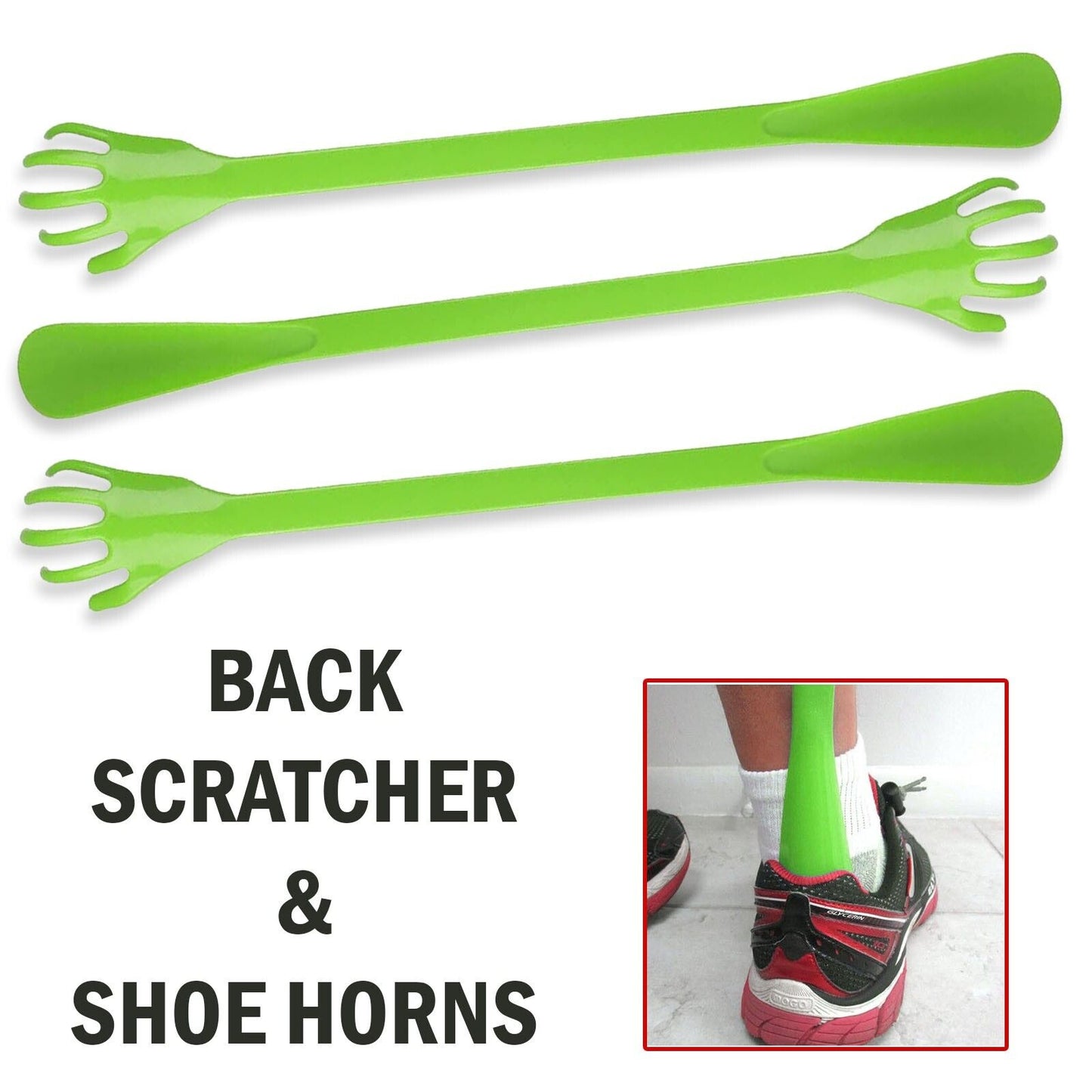 3 Pack-Long Handle Plastic Back Scratcher & Shoe Horn Combo Pack