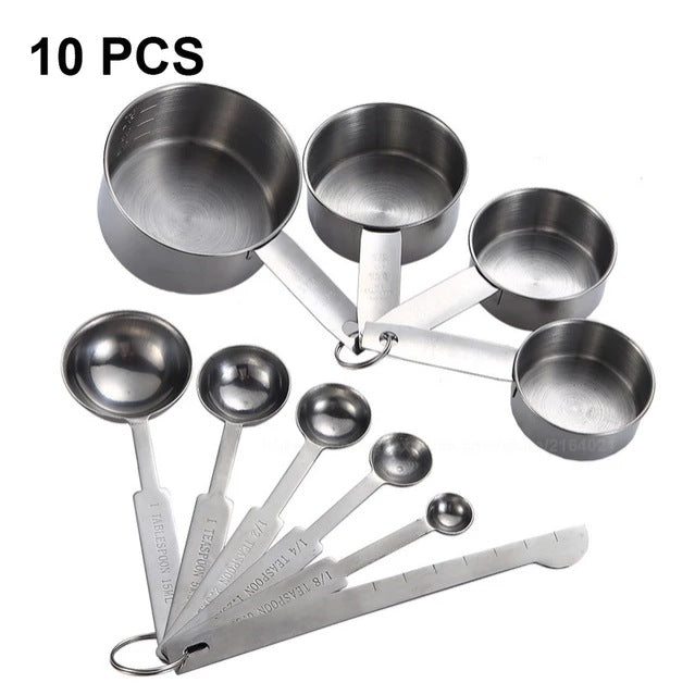 Stainless steel measuring cup and spoon set offers for arthritis disorders, close up