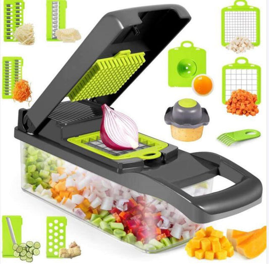 12 In 1 Manual Vegetable Chopper-Slicer! Designed for seniors, arthritis sufferers, and disabled individuals, front side