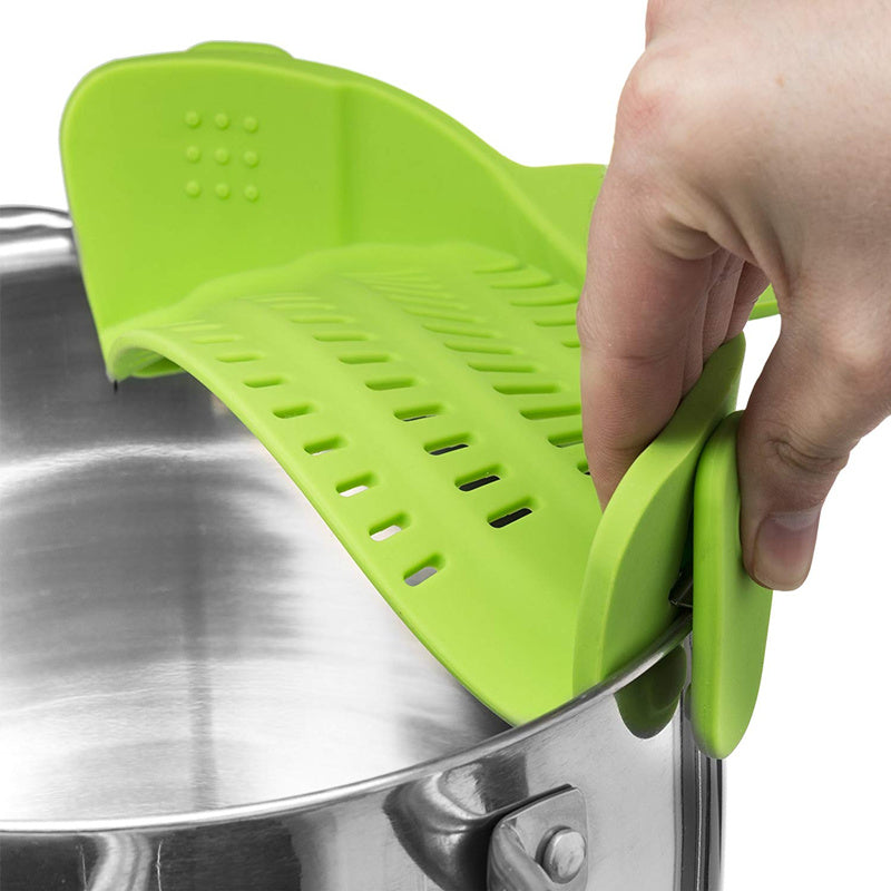 arthritis-friendly strainer easily attaches to pots and pans, close up