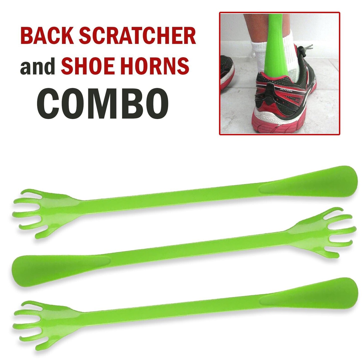 3 Pack-Long Handle Plastic Back Scratcher & Shoe Horn Combo Pack