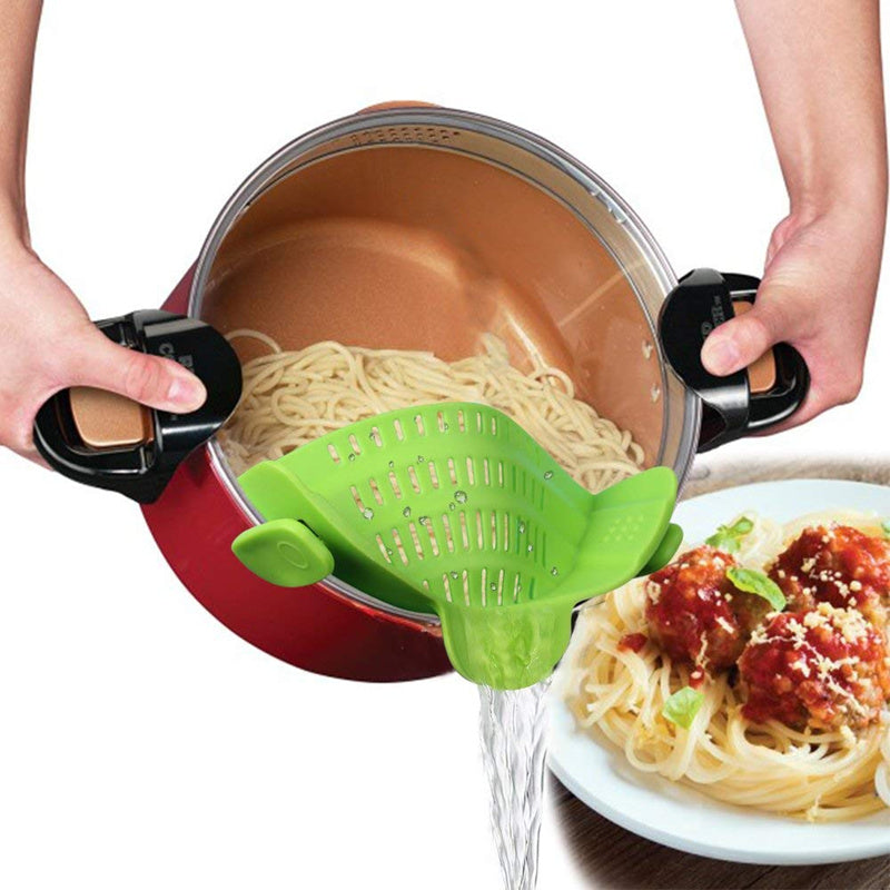 arthritis-friendly strainer easily attaches to pots and pans,  front side